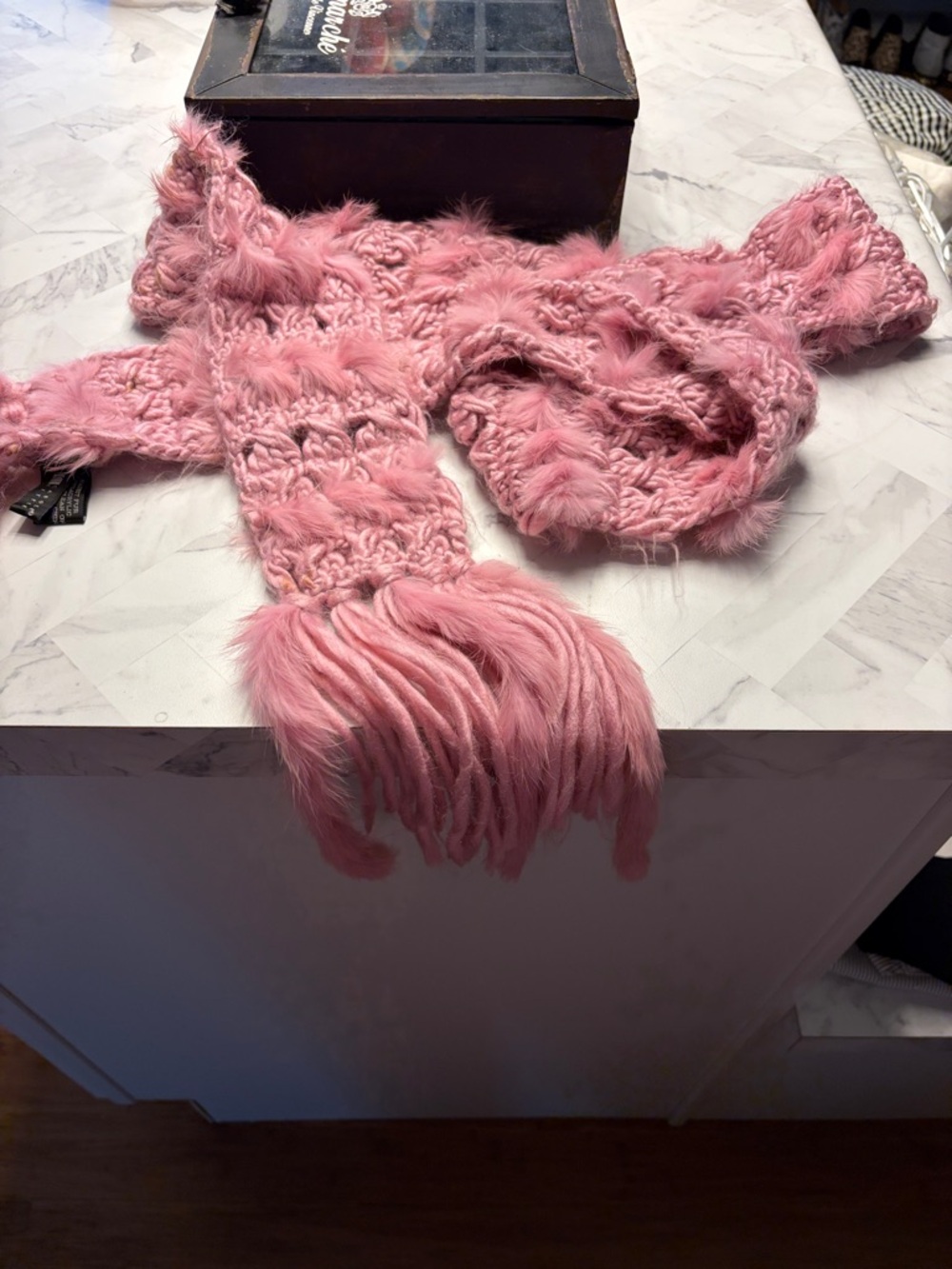 Carole Little Pink Faux Fur Knit Scarf with Fringe